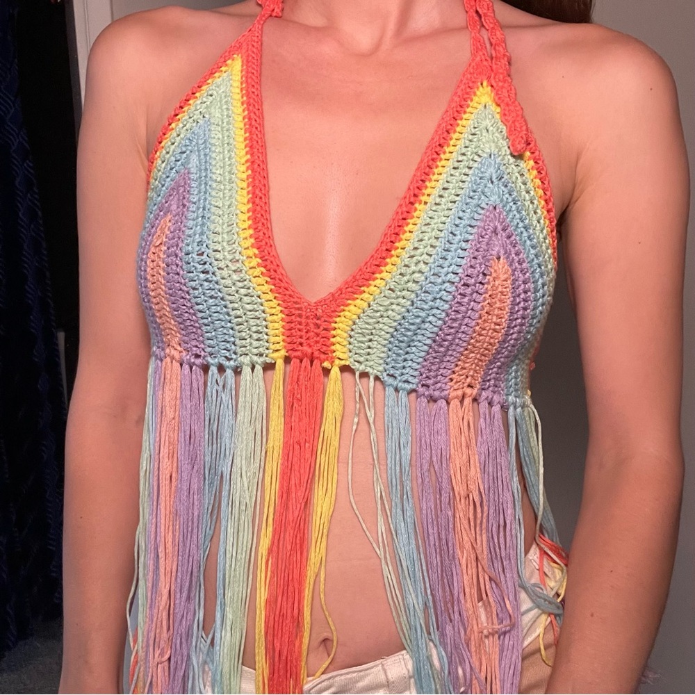 GIFTED Pastel Rainbow Crochet Boho Festival Tank Fringe - Picture 3 of 6